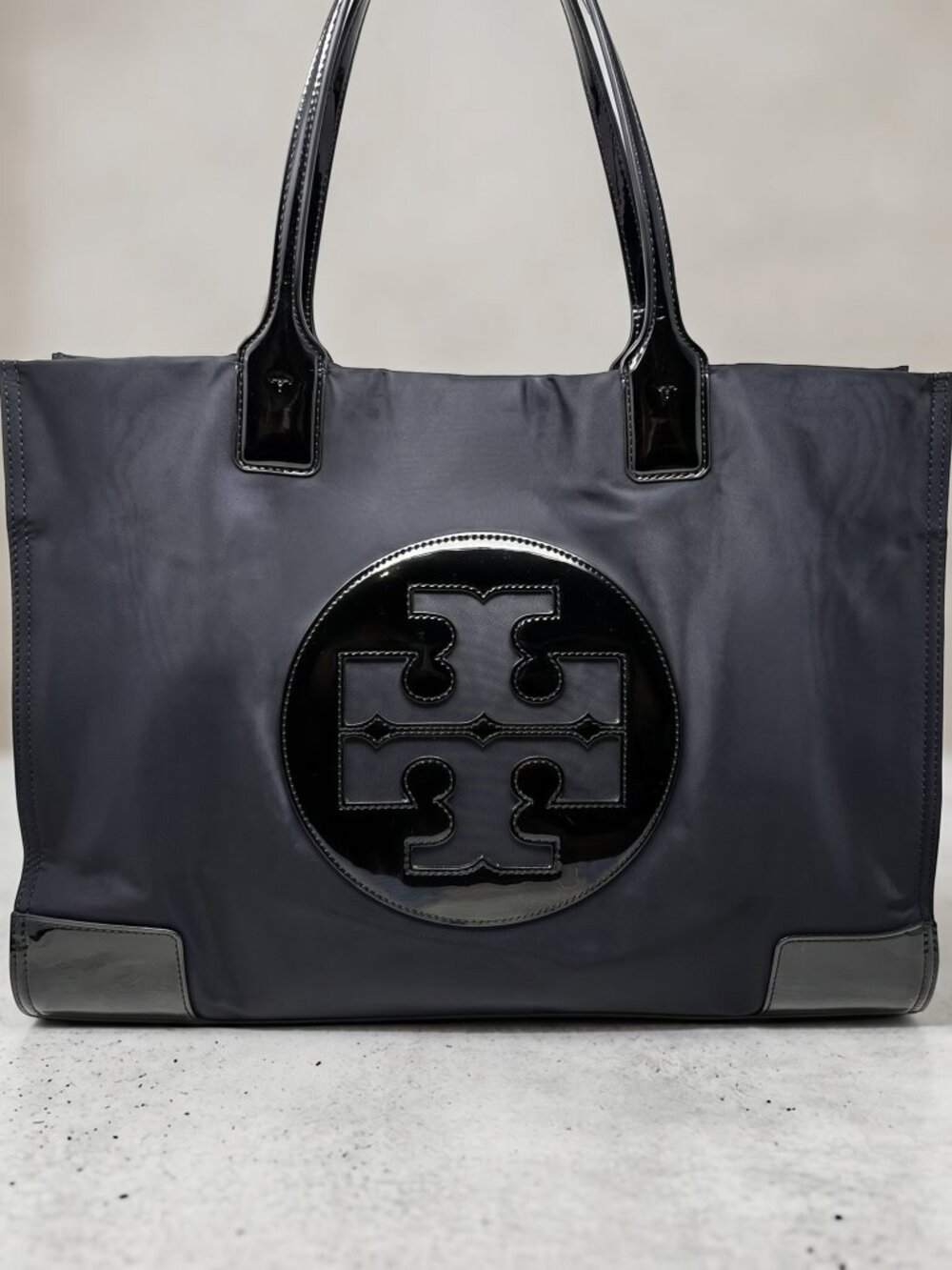 Tory Burch Ella Tote Bag - Black Nylon with Patent Leather Trim - Large - Picture 2 of 16